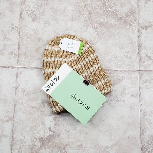 Beanie Brown Acorn Cuffed Fleece Lined No Pom Striped Toboggan Time & Tru OS - Picture 7 of 7